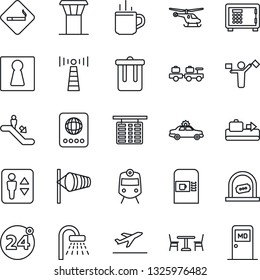 Thin Line Icon Set - airport tower vector, dispatcher, antenna, departure, baggage conveyor, hot cup, cafe, 24 around, coffee machine, train, elevator, escalator, smoking place, trash bin, female
