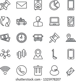 Thin Line Icon Set - airport bus vector, phone, trash bin, mobile, mail, ambulance car, navigation, pin, cash, support, clock, laptop pc, share, speaker, paper, update, data exchange, drawing, ladle