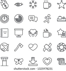 Thin Line Icon Set - airport tower vector, baggage conveyor, radar, butterfly, axe, heart, run, hand, eye, plane, satellite, flame disk, dialog, favorites list, mobile camera, download, coffee