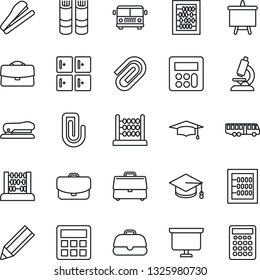 Thin Line Icon Set - airport bus vector, checkroom, book, graduate, abacus, presentation board, microscope, calculator, case, paper clip, pencil, stapler