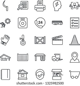 Thin Line Icon Set - airport bus vector, fork loader, border cone, document search, desk, notepad, brainstorm, printer, glove, house, well, sickle, pin, 24 hours, cargo container, shield, clapboard