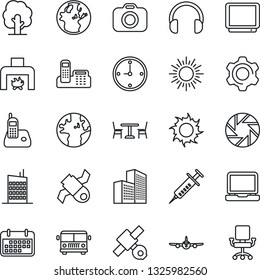 Thin Line Icon Set - airport bus vector, cafe, sun, plane, tree, syringe, earth, satellite, term, camera, tv, headphones, laptop pc, radio phone, mobile, settings, clock, office building, fireplace