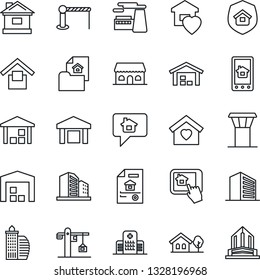 Thin Line Icon Set - airport tower vector, barrier, office building, factory, house, hospital, warehouse storage, with tree, estate document, sweet home, crane, insurance, cafe, control app, message