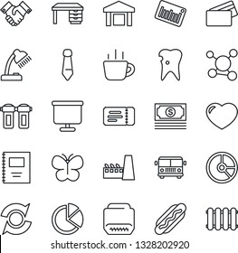 Thin Line Icon Set - airport bus vector, ticket, desk, tie, coffee, circle chart, butterfly, caries, molecule, cash, warehouse, barcode, heart, hdmi, update, copybook, presentation board, pie graph