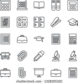 Thin Line Icon Set - airport bus vector, checkroom, book, calculator, graduate, abacus, presentation board, microscope, case, paper clip, pencil, stapler