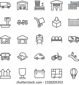 Thin Line Icon Set - airport bus vector, train, escalator, waiting area, baggage larry, building, bike, plane, cargo container, car delivery, consolidated, fragile, up side sign, warehouse, package