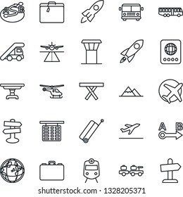 Thin Line Icon Set - airport tower vector, runway, suitcase, departure, bus, train, passport, baggage larry, ladder car, helicopter, flight table, case, picnic, signpost, plane, route, mountains