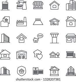 Thin Line Icon Set - airport tower vector, shop, office building, factory, house, hospital, store, warehouse storage, with tree, garage, estate document, sweet home, city, insurance, warm floor