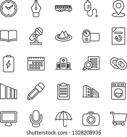 Thin Line Icon Set - airport bus vector, book, document search, reload, dropper, hospital, umbrella, sorting, camera, microphone, video, monitor, chain, place tag, clipboard, calendar, clock, pencil