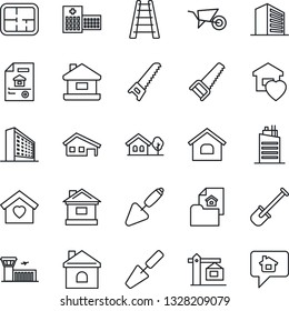 Thin Line Icon Set - airport building vector, office, trowel, shovel, ladder, wheelbarrow, saw, house, hospital, with garage, tree, plan, estate document, sweet home, city, crane, message