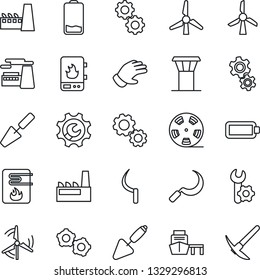 Thin Line Icon Set - airport tower vector, gear, factory, trowel, glove, sickle, sea port, reel, low battery, root setup, windmill, water heater, hard work