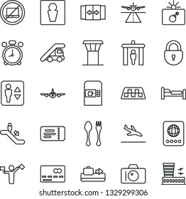 Thin Line Icon Set - airport tower vector, dispatcher, runway, taxi, arrival, baggage conveyor, spoon and fork, coffee machine, security gate, automatic door, elevator, escalator, alarm clock, male
