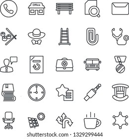 Thin Line Icon Set - airport bus vector, phone, speaking man, medal, coffee, document reload, ladder, bench, doctor case, stethoscope, route, store, favorites list, jack connector, clock, paper clip