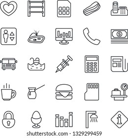 Thin Line Icon Set - airport bus vector, elevator, luggage scales, statistic monitor, heart, syringe, cash, rack, news, equalizer, call, sd, sim, lock, calculator, office phone, pond, pool, coffee