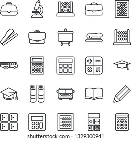 Thin Line Icon Set - airport bus vector, checkroom, book, calculator, graduate, abacus, presentation board, microscope, case, pencil, stapler