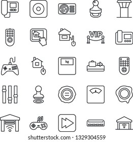 Thin Line Icon Set - airport tower vector, baggage conveyor, stamp, scales, gamepad, settings, remote control, fast forward, rec button, air conditioner, vip zone, home, intercome, app, garage gate