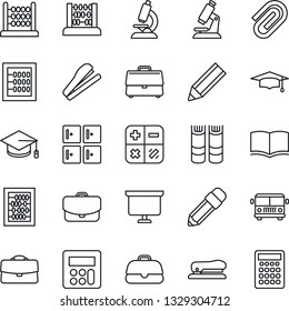 Thin Line Icon Set - airport bus vector, checkroom, book, calculator, graduate, abacus, presentation board, microscope, case, paper clip, pencil, stapler