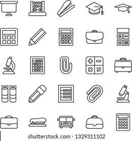 Thin Line Icon Set - airport bus vector, book, calculator, graduate, abacus, presentation board, microscope, case, paper clip, pencil, stapler