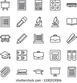 Thin Line Icon Set - airport bus vector, checkroom, book, calculator, graduate, presentation board, microscope, paper clip, abacus, pencil, stapler, case