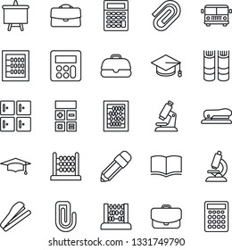 Thin Line Icon Set - airport bus vector, checkroom, book, calculator, graduate, abacus, presentation board, microscope, case, paper clip, pencil, stapler