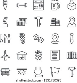 Thin Line Icon Set - airport bus vector, gear, pedestal, medal, tie, document, plant label, barbell, navigation, cargo container, no hook, warehouse, package, settings, calendar, place tag, fence