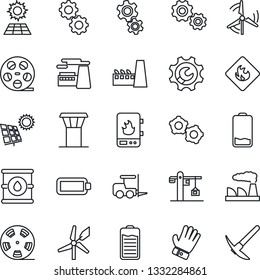 Thin Line Icon Set - airport tower vector, fork loader, gear, factory, glove, flammable, oil barrel, reel, battery, low, root setup, sun panel, windmill, crane, water heater, hard work