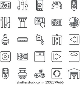 Thin Line Icon Set - airport tower vector, security gate, radar, scales, gamepad, settings, remote control, fast forward, rewind, rec button, record, stamp, air conditioner, vip zone, home, app