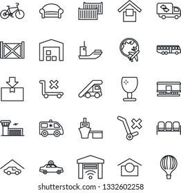 Thin Line Icon Set - airport bus vector, waiting area, alarm car, ladder, plane globe, building, ambulance, bike, sea shipping, cargo container, port, fragile, warehouse storage, no trolley, package