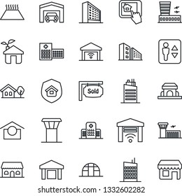 Thin Line Icon Set - airport tower vector, elevator, building, office, greenhouse, hospital, warehouse storage, house with tree, garage, sold signboard, city, estate insurance, cafe, eco, warm floor