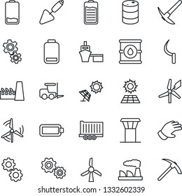 Thin Line Icon Set - airport tower vector, fork loader, factory, trowel, glove, sickle, truck trailer, sea port, oil barrel, battery, low, sun panel, windmill, gear, hard work