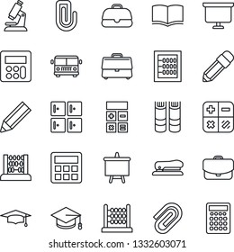 Thin Line Icon Set - airport bus vector, checkroom, book, calculator, graduate, abacus, presentation board, microscope, case, paper clip, pencil, stapler