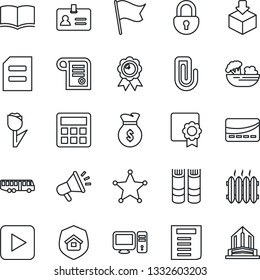 Thin Line Icon Set - airport bus vector, identity, book, medal, document, tulip, package, play button, calculator, lock, sertificate, paper clip, heater, estate insurance, salad, credit card, pc