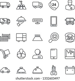Thin Line Icon Set - airport bus vector, reception bell, doctor, office phone, 24 hours, client, cargo container, car delivery, consolidated, search, cell, mobile, scanner, support, moving, dish