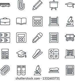 Thin Line Icon Set - airport bus vector, checkroom, book, calculator, graduate, abacus, presentation board, microscope, case, paper clip, pencil, stapler