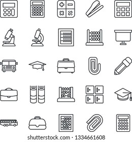 Thin Line Icon Set - airport bus vector, checkroom, book, calculator, graduate, abacus, presentation board, microscope, case, paper clip, pencil, stapler