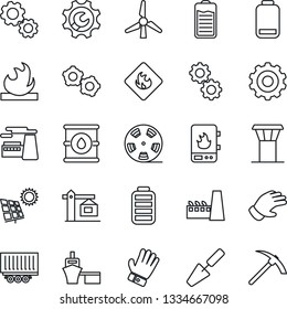 Thin Line Icon Set - airport tower vector, gear, factory, trowel, glove, truck trailer, sea port, flammable, oil barrel, reel, battery, low, root setup, sun panel, windmill, crane, water heater