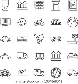 Thin Line Icon Set - airport tower vector, taxi, departure, baggage conveyor, parking, alarm car, seat map, ambulance, bike, earth, plane, truck trailer, delivery, fragile, cargo, up side sign