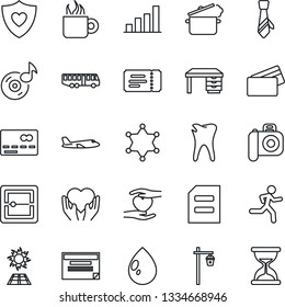 Thin Line Icon Set - airport bus vector, credit card, ticket, plane, desk, document, water drop, garden light, run, heart shield, hand, caries, camera, scanner, music, bar graph, tie, coffee, police
