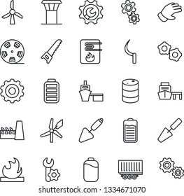 Thin Line Icon Set - airport tower vector, gear, trowel, glove, saw, sickle, truck trailer, sea port, flammable, oil barrel, reel, battery, root setup, factory, water heater, windmill