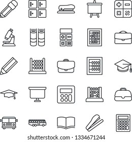 Thin Line Icon Set - airport bus vector, checkroom, book, calculator, graduate, abacus, presentation board, microscope, case, pencil, stapler