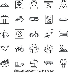Thin Line Icon Set - airport bus vector, passport, plane, picnic table, bike, route, signpost, navigation, earth, pin, sea shipping, compass, mountains, bedroom, rocket, paper, guidepost