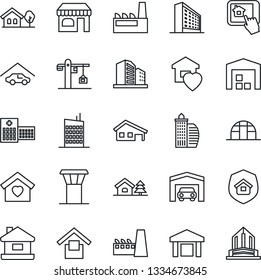 Thin Line Icon Set - airport tower vector, shop, office building, greenhouse, hospital, warehouse storage, house, with garage, tree, sweet home, city, crane, factory, estate insurance, control app
