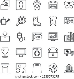 Thin Line Icon Set - airport tower vector, male, tree, watering can, boot, butterfly, dropper, caries, fragile, package, monitor, lock, sertificate, statistics, office building, garage, sale, moving