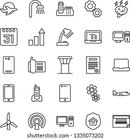 Thin Line Icon Set - airport tower vector, plane, mobile phone, growth statistic, notebook pc, brainstorm, office, cell, back, calendar, desk lamp, contract, windmill, bathroom, estate insurance