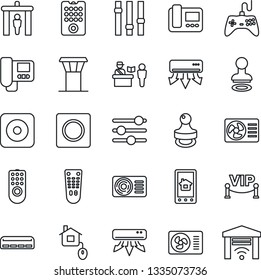 Thin Line Icon Set - airport tower vector, passport control, security gate, stamp, gamepad, settings, remote, rec button, tuning, record, air conditioner, vip zone, home, intercome, app, garage
