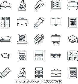Thin Line Icon Set - airport bus vector, book, calculator, graduate, abacus, presentation board, microscope, case, paper clip, pencil, stapler