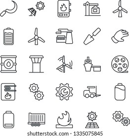 Thin Line Icon Set - airport tower vector, fork loader, factory, trowel, glove, sickle, truck trailer, sea port, flammable, oil barrel, reel, battery, low, root setup, sun panel, windmill, crane