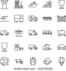 Thin Line Icon Set - airport tower vector, runway, departure, baggage trolley, bus, train, waiting area, fork loader, ladder car, building, wheelbarrow, plane, sea shipping, delivery, port, fragile