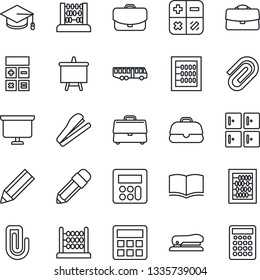 Thin Line Icon Set - airport bus vector, checkroom, book, calculator, graduate, abacus, presentation board, case, paper clip, pencil, stapler