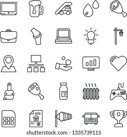 Thin Line Icon Set - airport bus vector, ladder car, wind, statistic monitor, garden light, heart, ampoule, joint, pin, gamepad, tv, themes, sim, notebook pc, estate document, heater, beer, ham